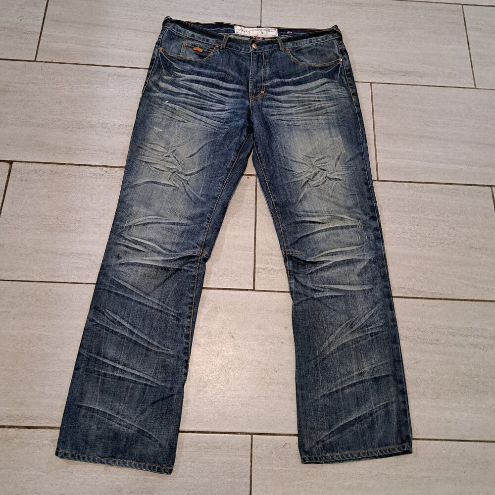 %AKOO Brand Jeans Medium Wash Distressed Bootcut Denim Sz 38x34 / J2